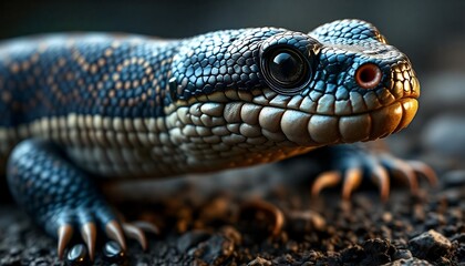 Fototapeta premium Lizard Close-up on Ground Revealing Intricate Scales and Sharp Claws