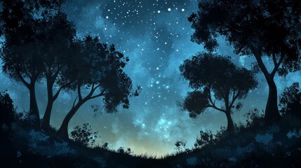 Fototapeta premium A dark, romantic view of trees under a starry night sky. A natural landscape with shadows, like a dreamy background. 