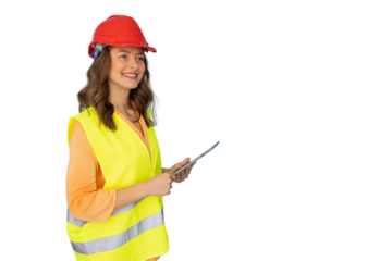 Female architect in safety gear holding digital tablet, smiling confidently against neutral backdrop