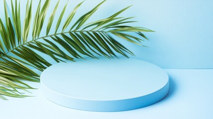 Fototapeta premium A fancy blue round platform with palm leaves on a light blue background. Great for showing off products, deals, or beauty items. A simple and stylish display idea. 