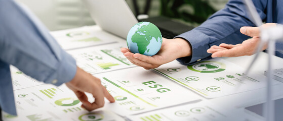 ESG environmental social and governance Green business concept. Business team Meeting carbon credit report, Green investment strategy concept to Sustainable Environment development goal. CSR concept.