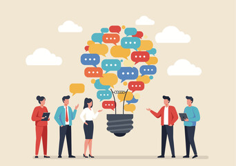 Colorful illustration of a diverse business team brainstorming around a glowing light bulb, symbolizing creativity, collaboration, and idea generation for strategy, problem-solving, and innovation.