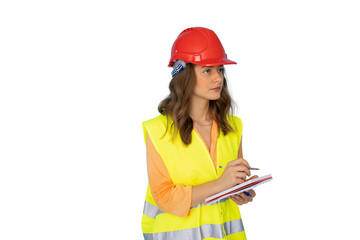 Female engineer wearing safety gear, writing notes on clipboard against white background