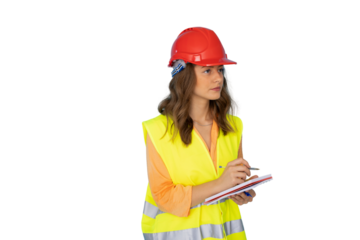 Female engineer wearing safety gear, writing notes on clipboard against white background