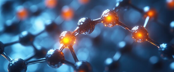 Glowing nodes connected with thin lines on a blurred blue background, close-up molecular view