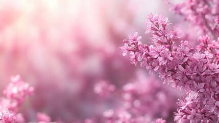 Obraz premium Pink flowers bloom in spring sunlight, with soft focus creating a gentle, dreamy scene