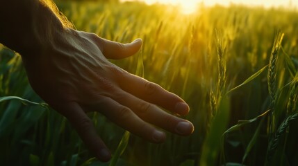 A man's hand reaches out in a green field. He gently touches the young wheat as the sun sets.

