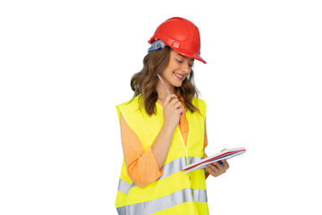 Female architect drafting notes, wearing safety gear, standing against transparent background