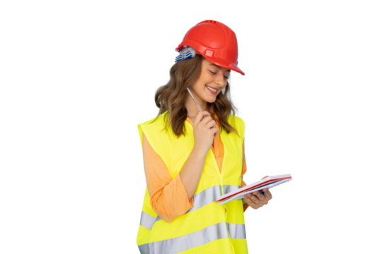 Female architect drafting notes, wearing safety gear, standing against transparent background