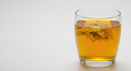 Chrysanthemum tea in glass on white background