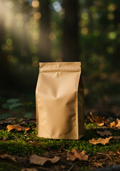 Light brown paper packaging, standing on forest floor, surrounded by leaves and moss, bathed in sunlight