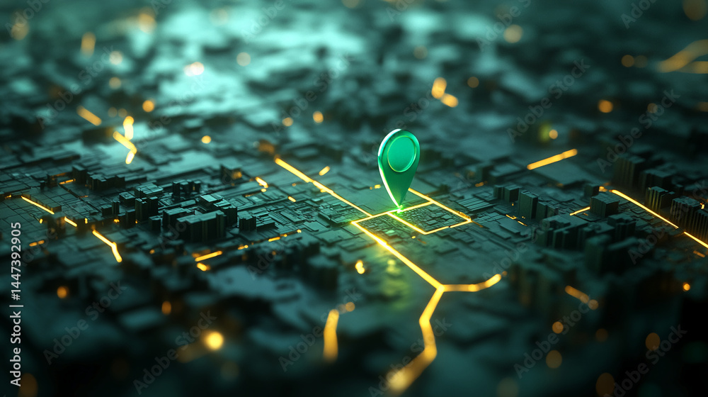 Poster green location pin on abstract dark city map with glowing lines, showcasing navigation, technology, 