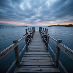 Obraz premium Horizontal view of a wooden jetty and ladder that descends into the ocean in Kopstadso, a small island in Gothenburg's southern archipelago, in Sweden