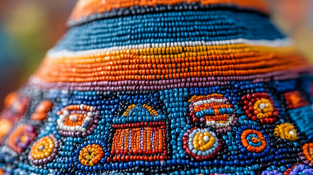 Close-up view of a cone-shaped, beaded craft.  Colorful, intricate designs and patterns made of small, colorful beads