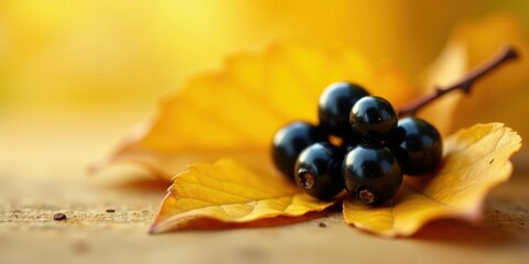 Autumnal Still Life Dark Berries Resting on a Golden Leaf