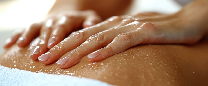 Hands applying oil to skin, performing a massage therapy on bare back in a spa or clinic