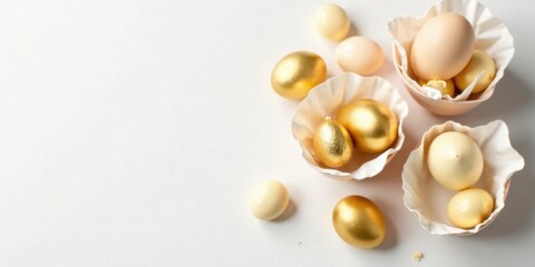 Elegant Golden and Cream Eggs Nestled in Delicate Paper Cups on a White Background