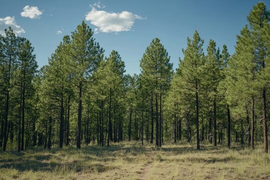 Lush pine forest under a partly cloudy sky.  A sun-drenched trail meanders through the trees