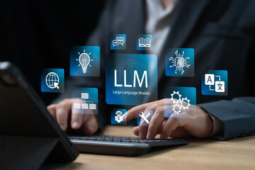 LLM, AI Large Language Model concept, Businessman working on tablets, LLM dashboard screen. A...