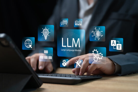 LLM, AI Large Language Model concept, Businessman working on tablets, LLM dashboard screen. A language model distinguished by its general-purpose language generation capability, Analysis, Automation