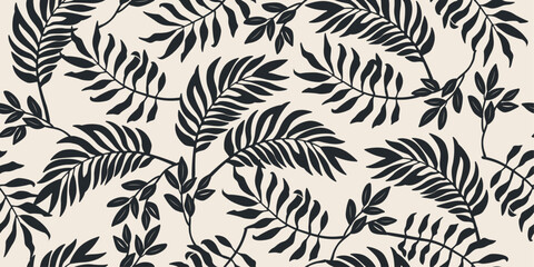 Black and white hand drawn tropical plants, seamless pattern for fabric, textile, apparel, wrapping paper, cover, banner, home decor, abstract background. Vector illustration.