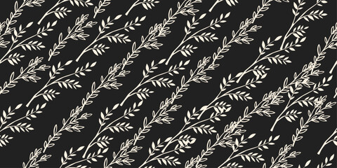Black and white hand drawn leaves, seamless pattern for fabric, textile, apparel, wrapping paper, cover, banner, home decor, abstract background. Vector illustration.