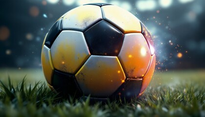 Naklejka premium Soccer Ball Resting on Field with Stadium Lights in Background