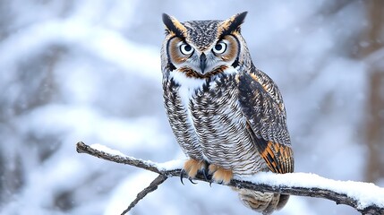 eyes An owl perched on a snowy branch with intense