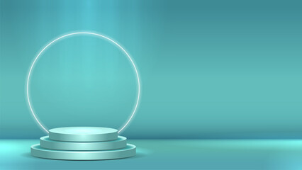 A 3D podium in turquoise colors with a glowing neon circle and illuminated by spotlights.