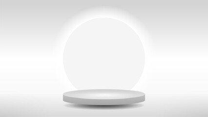 Empty 3D template with white podium and glowing circle behind it.