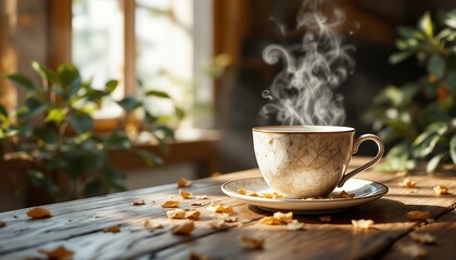 Steaming Coffee Cup on Wooden Table with Warm Natural Lighting
