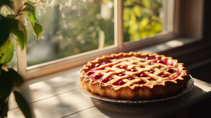 Freshly baked cherry pie cooling by a sunlit window in a cozy kitchen setting
