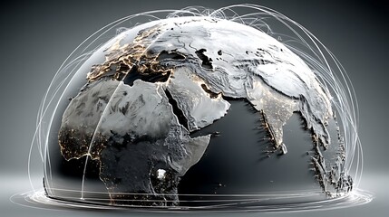 Global network sphere.  Detailed 3D model of Earth, illuminated with city lights, encompassed by a network of connecting lines, suggesting global communication and interconnectedness