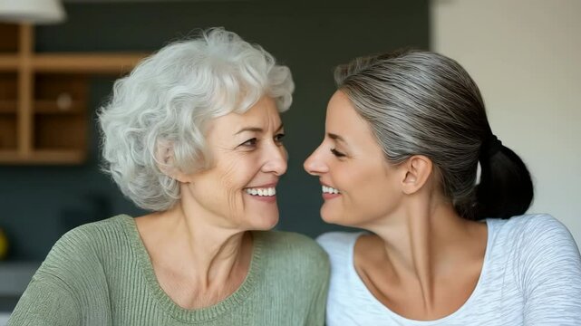 Two women are smiling at the camera. One is older and the other is younger. They are both wearing green sweaters