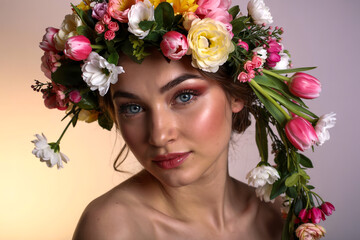 A beauty portrait photograph with a floral crown design