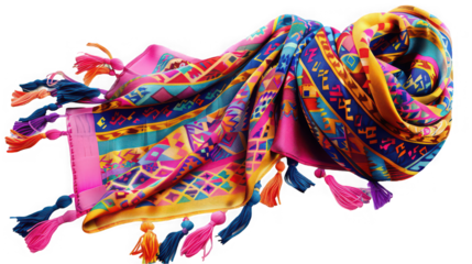 A colorful patterned scarf with tassels on a   transparent background