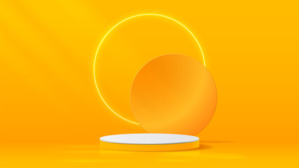 An empty 3D template with a podium and a glowing circle in yellow and orange colors