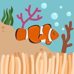 Clownfish in an underwater coral reef scene, ideal marine background for educational or decorative use.