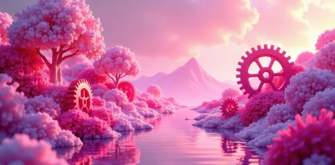 Pink digital landscape, swirling gears & colorful forms , vibrant, bright