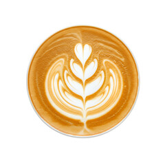 A latte art design of a leaf on a rich brown coffee drink