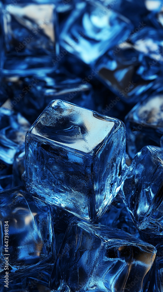 Poster close-up of translucent blue ice cubes, showcasing a cool and refreshing texture, symbolizing purity