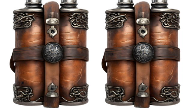 Vintage Brown Leather Flasks Isolated Transparent Background Illustration