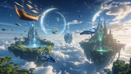 Fantastic floating islands with flying ships and whales against a cloudy sky