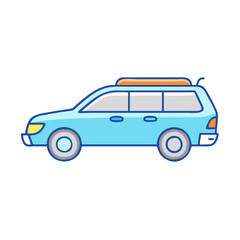 Find blue station wagon car illustration with roof rack for family travel and adventures