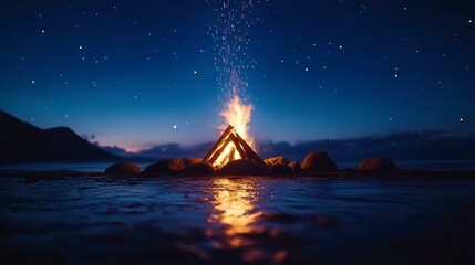 A campfire on the beach under starry sky, with stones around it and water in front of you. The bon fire is burning brightly against the backdrop of dark blue night sky.