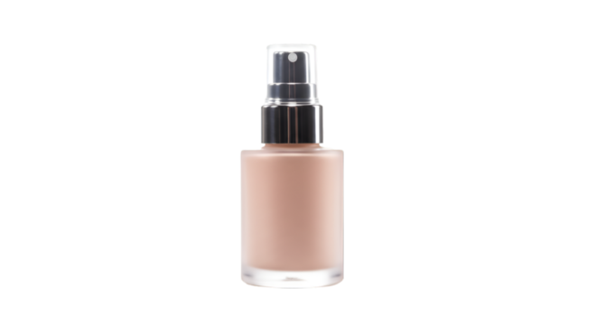 A light beige liquid foundation in a clear glass bottle with a black spray top