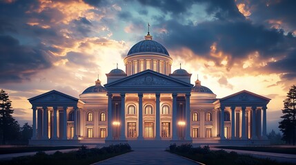 Obraz premium Elegant building illuminated at sunset.