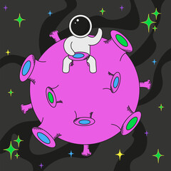 Cosmic surreal art with Whimsical Astronaut moon stars. Space day vector illustration theme. Sur vibrant color pink moon.