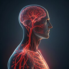 3D rendering of a human head and torso, highlighting the intricate network of blood vessels in the brain and upper body.