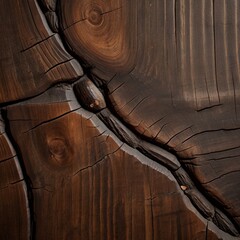 Close-up texture of dark brown wood with prominent grain, knots, and cracks, showing signs of age and weathering.